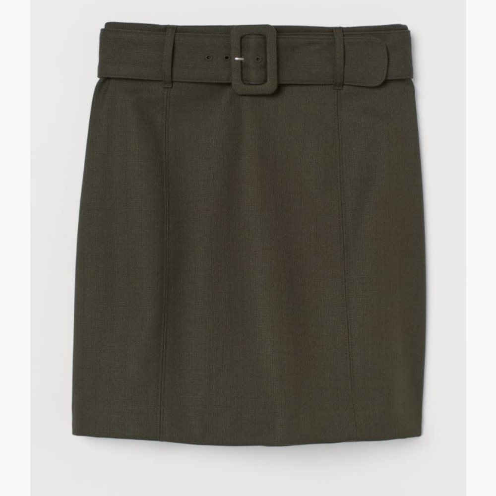 NWOT H&M women's dark khaki green belted woven high waisted mini skirt, size 6